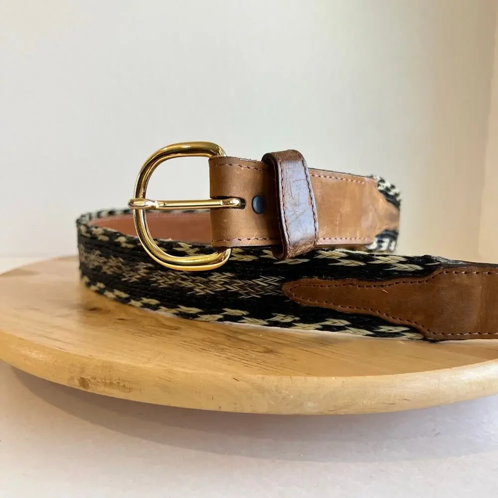 Vintage 90s Western Woven Genuine Leather Gold Buckle Belt Size Large - XL